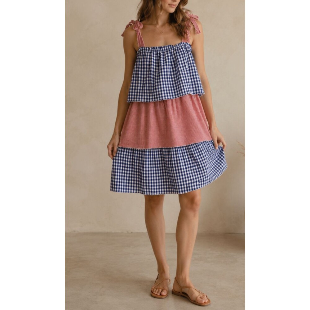 Layers Dress Womens Large Multicolor Gingham Tiered Ruffle Sundress Cotton Boho